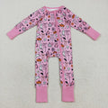 LR2405  Pumpkin Ghost Flowers Bows Pink Print Baby Girls Halloween Zipper Sleeper Romper