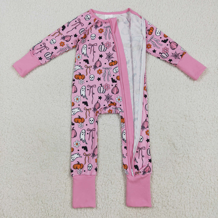 LR2405  Pumpkin Ghost Flowers Bows Pink Print Baby Girls Halloween Zipper Sleeper Romper