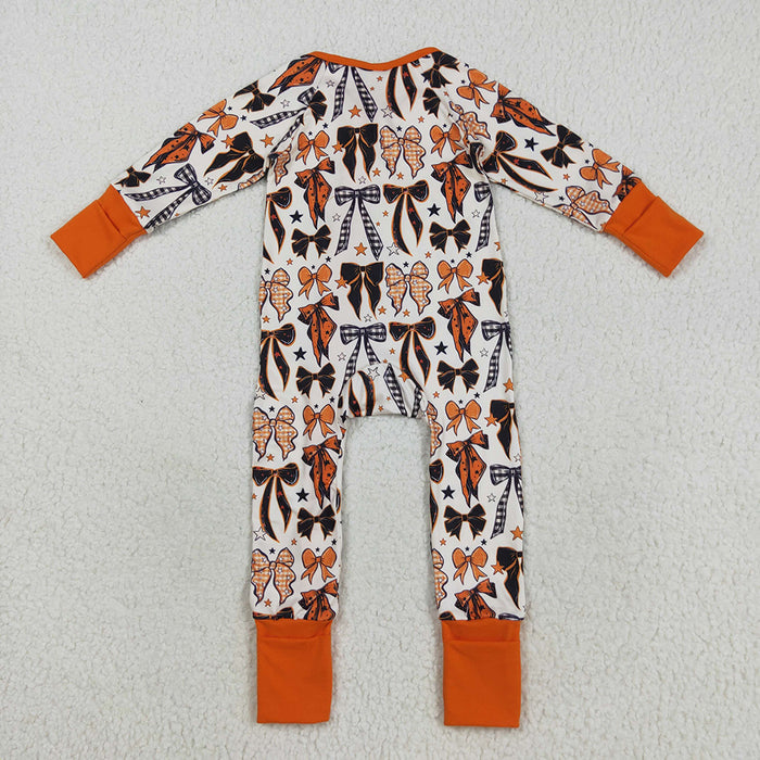 LR2409  Bows Stars Orange Print Baby Girls Halloween Zipper Sleeper Romper