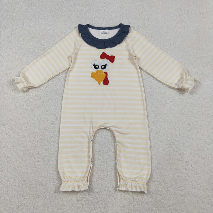LR2424 Turkey Embroidery Stripes Baby Girls Thanksgiving Romper
