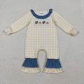 LR2438 Turkey Pumpkin Embroidery Checkered Baby Girls Thanksgiving Romper