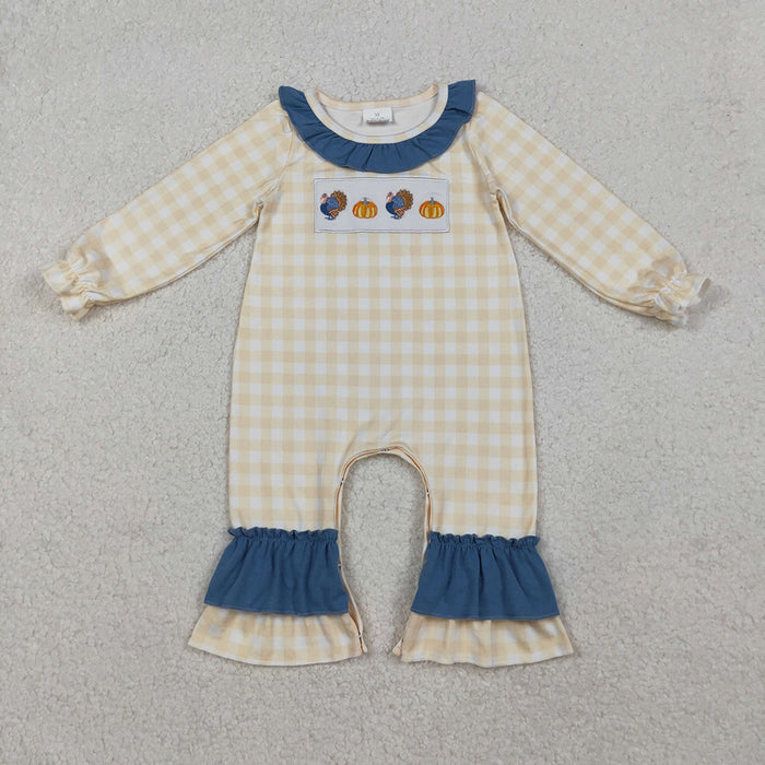 LR2438 Turkey Pumpkin Embroidery Checkered Baby Girls Thanksgiving Romper