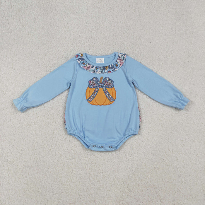 LR2441 Pumpkin Embroidery Blue Flowers Ruffles Baby Girls Fall Romper