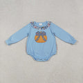 LR2441 Pumpkin Embroidery Blue Flowers Ruffles Baby Girls Fall Romper