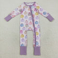LR2442 Colorful Pumpkin Bows Print Baby Girls Fall Zipper Sleeper Romper