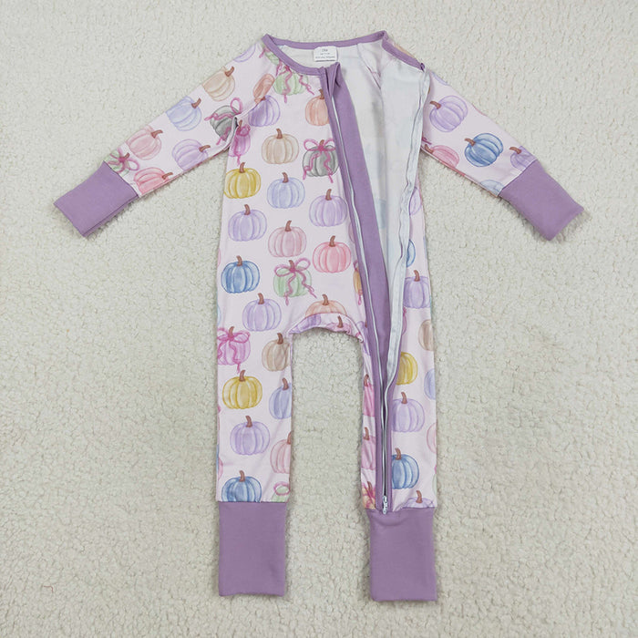 LR2442 Colorful Pumpkin Bows Print Baby Girls Fall Zipper Sleeper Romper
