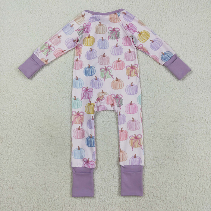 LR2442 Colorful Pumpkin Bows Print Baby Girls Fall Zipper Sleeper Romper