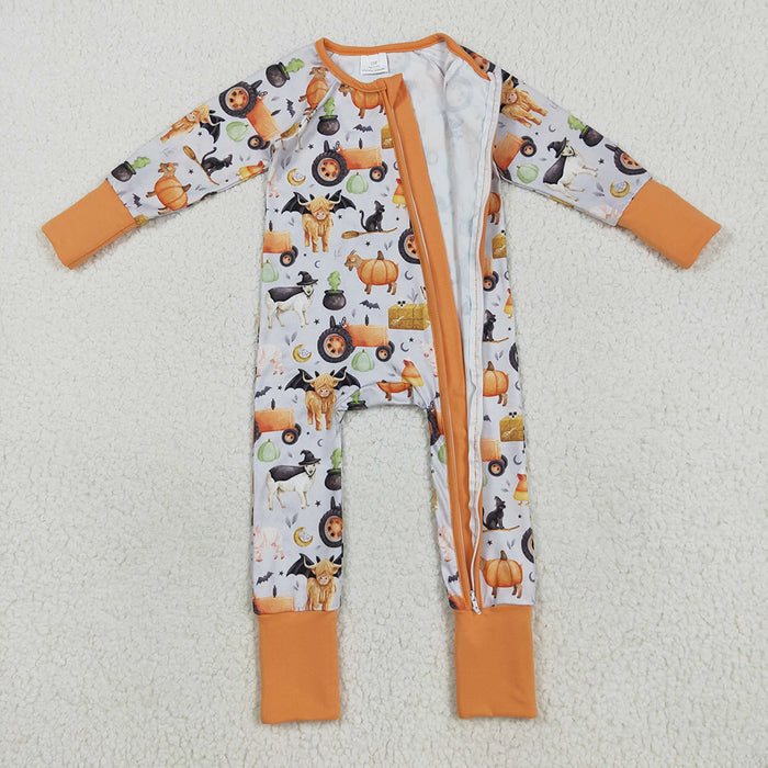 LR2444  Pumpkin Farm Animals Baby Boys Halloween Zipper Sleeper Romper