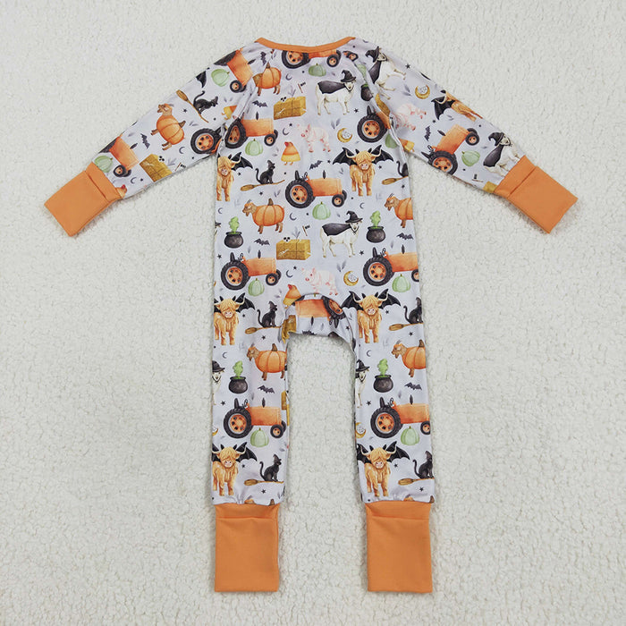 LR2444  Pumpkin Farm Animals Baby Boys Halloween Zipper Sleeper Romper