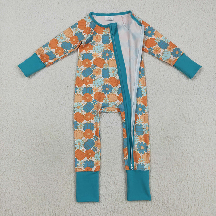 LR2461 Pumpkin Flowers Print Baby Girls Fall Zipper Sleeper Romper
