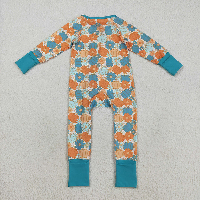 LR2461 Pumpkin Flowers Print Baby Girls Fall Zipper Sleeper Romper