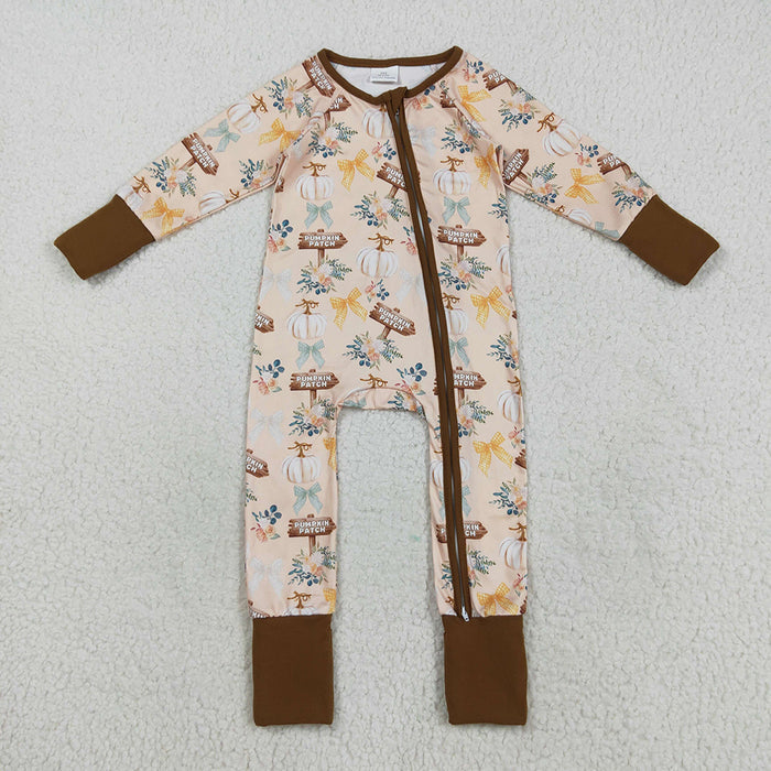 LR2462 Pumpkin Flowers Bows Print Baby Girls Fall Zipper Sleeper Romper