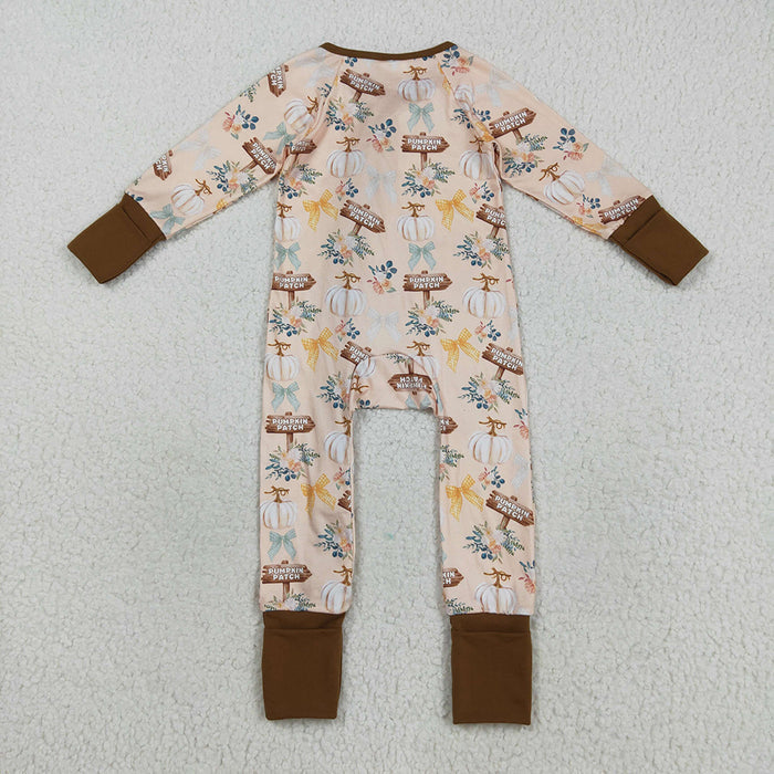 LR2462 Pumpkin Flowers Bows Print Baby Girls Fall Zipper Sleeper Romper
