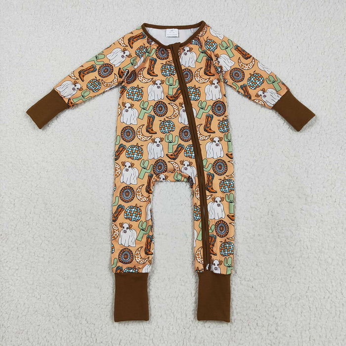 LR2463  Highland Cow Cactus Boots Print Baby Halloween Zipper Sleeper Romper