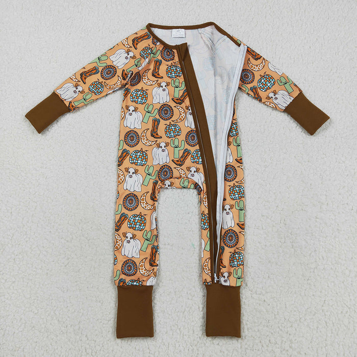 LR2463  Highland Cow Cactus Boots Print Baby Halloween Zipper Sleeper Romper