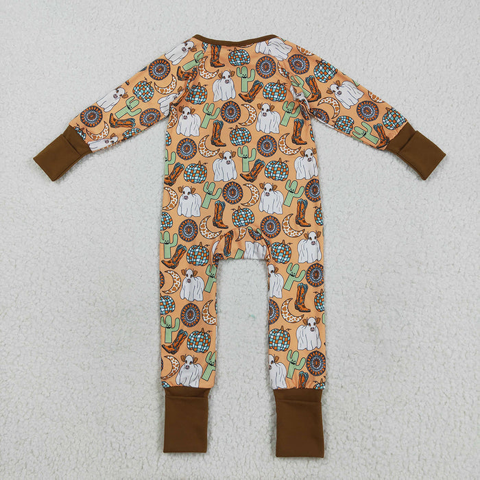 LR2463  Highland Cow Cactus Boots Print Baby Halloween Zipper Sleeper Romper