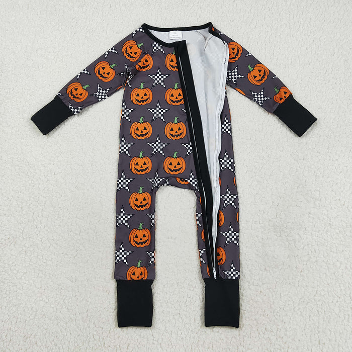 LR2464  Pumpkin Stars Print Baby Boys Halloween Zipper Sleeper Romper