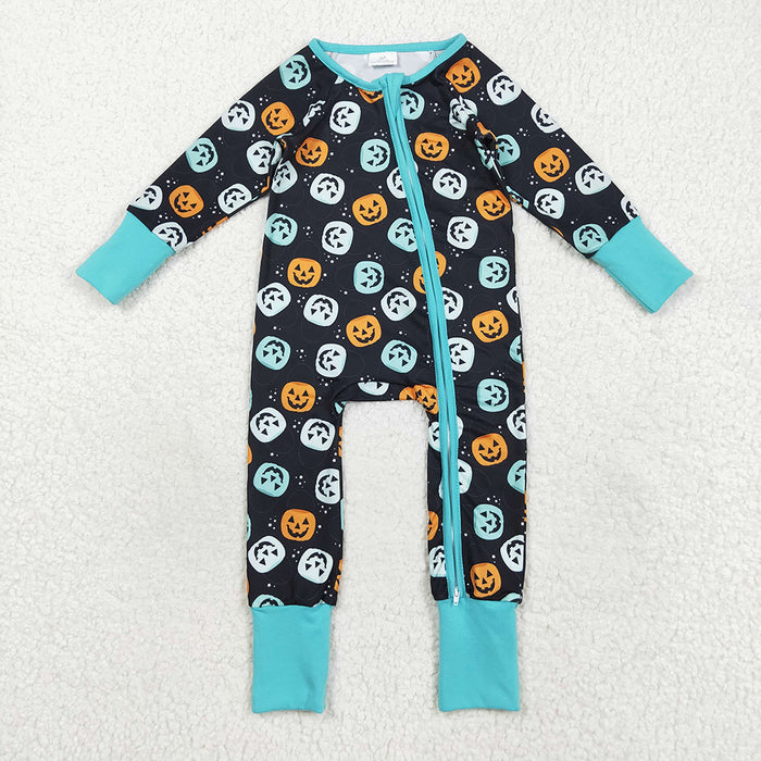 LR2465  Pumpkin Print Baby Boys Halloween Zipper Sleeper Romper