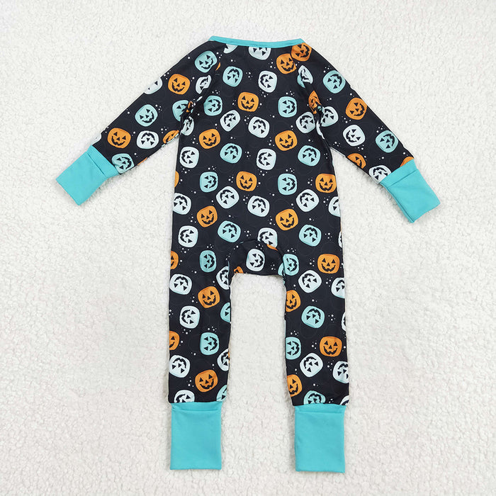 LR2465  Pumpkin Print Baby Boys Halloween Zipper Sleeper Romper