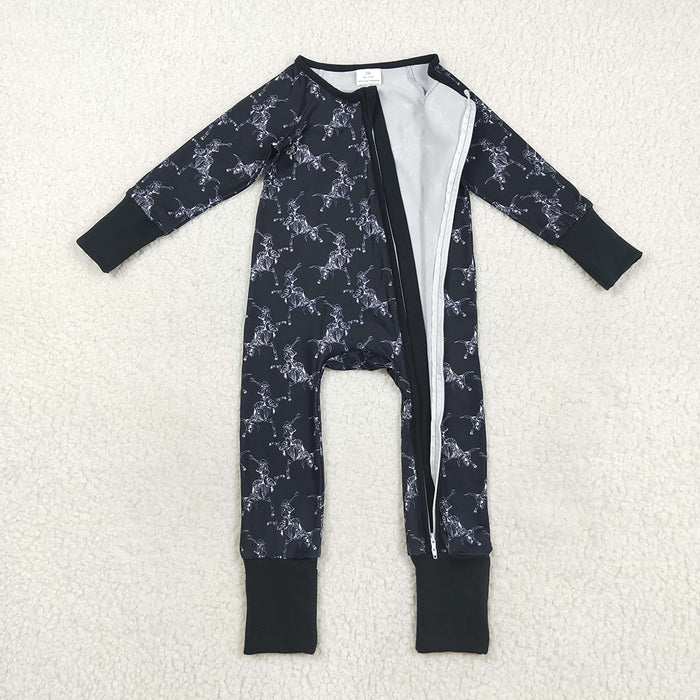 LR2466  Skull Black Print Baby Boys Halloween Zipper Sleeper Romper