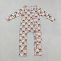 LR2557 Pumpkin Bows Print Baby Girls Fall Zipper Sleeper Romper
