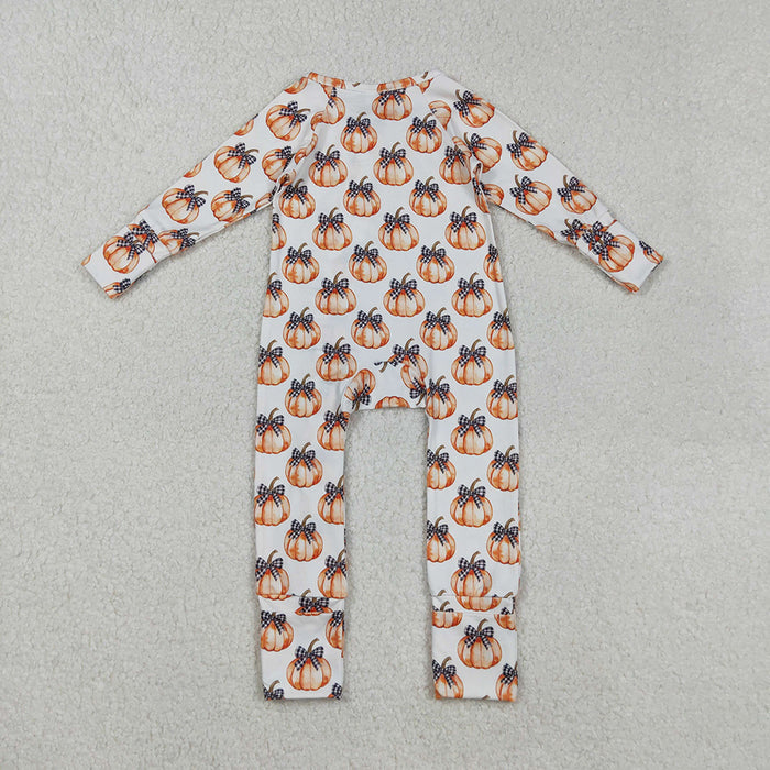 LR2557 Pumpkin Bows Print Baby Girls Fall Zipper Sleeper Romper