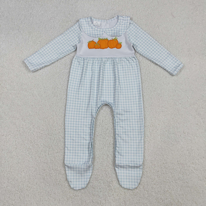 LR2560 Pumpkin Embroidery Blue Checkered Baby Boys Fall Doll Collar Romper