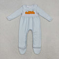 LR2560 Pumpkin Embroidery Blue Checkered Baby Boys Fall Doll Collar Romper