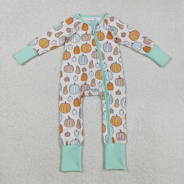LR2565 Pumpkin Print Baby Boys Fall Zipper Sleeper Romper