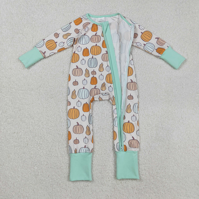 LR2565 Pumpkin Print Baby Boys Fall Zipper Sleeper Romper