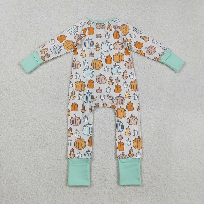 LR2565 Pumpkin Print Baby Boys Fall Zipper Sleeper Romper