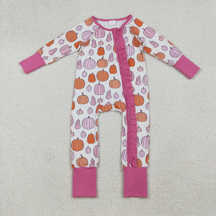 LR2566 Pumpkin Pink Print Baby Girls Fall Zipper Sleeper Romper