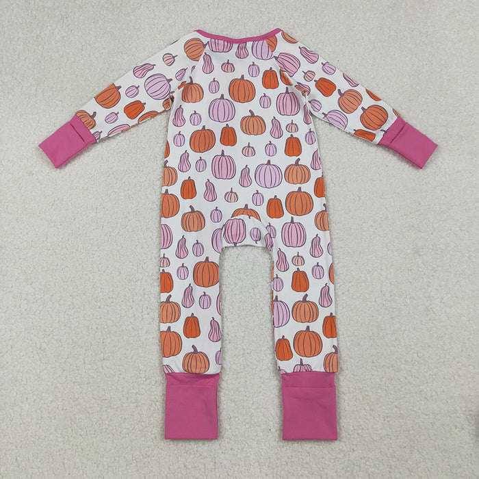 LR2566 Pumpkin Pink Print Baby Girls Fall Zipper Sleeper Romper