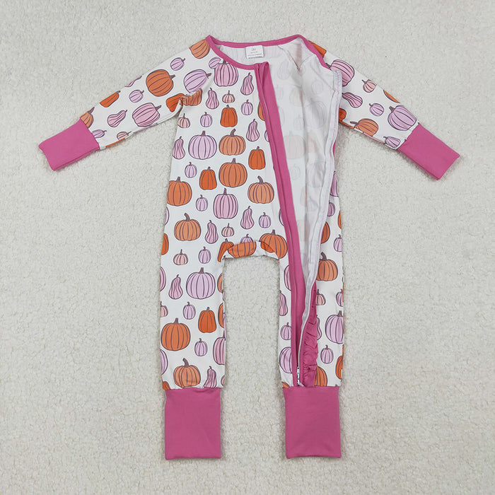 LR2566 Pumpkin Pink Print Baby Girls Fall Zipper Sleeper Romper