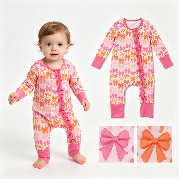 LR2567 Baby Girls Pink Orange Bows Long Sleeve Zipper Sleeper Romper