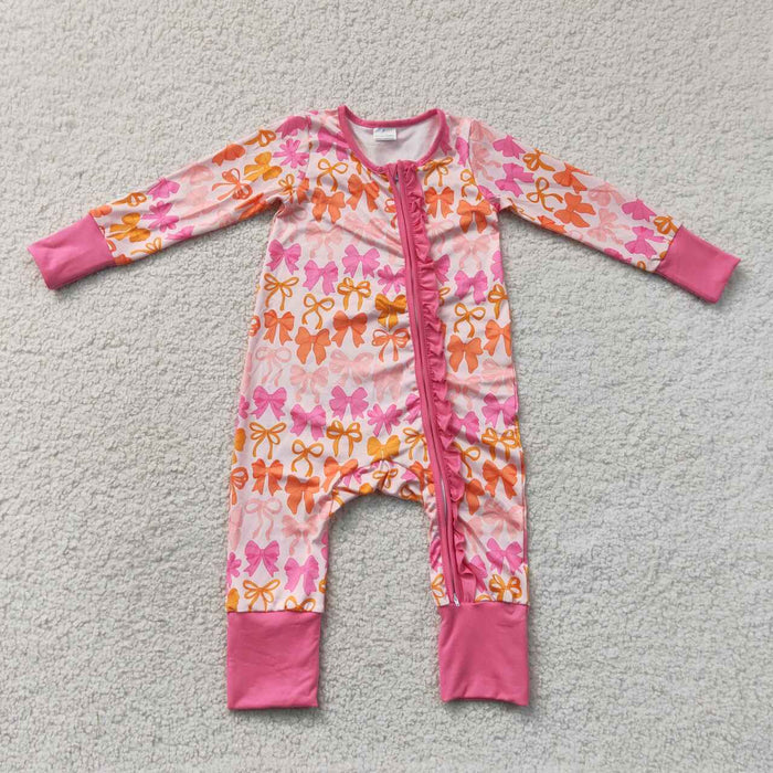 LR2567 Baby Girls Pink Orange Bows Long Sleeve Zipper Sleeper Romper