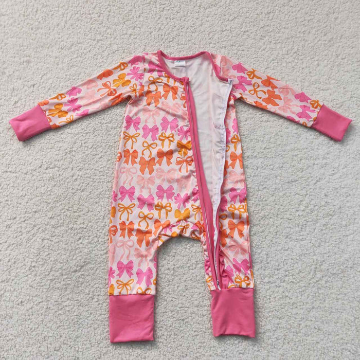 LR2567 Baby Girls Pink Orange Bows Long Sleeve Zipper Sleeper Romper