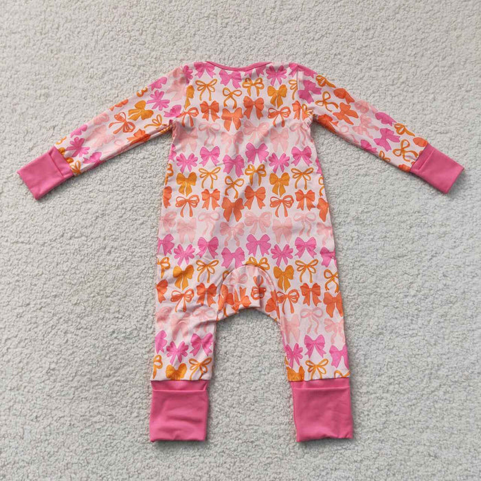 LR2567 Baby Girls Pink Orange Bows Long Sleeve Zipper Sleeper Romper