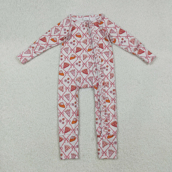 LR2594 Pie Bows Print Baby Girls Thanksgiving Zipper Sleeper Romper