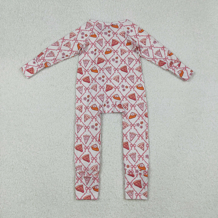 LR2594 Pie Bows Print Baby Girls Thanksgiving Zipper Sleeper Romper