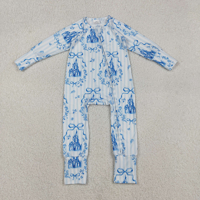 LR2661 Castle Bows Stripes Print Baby Girls Long Sleeve Zipper Sleeper Summer