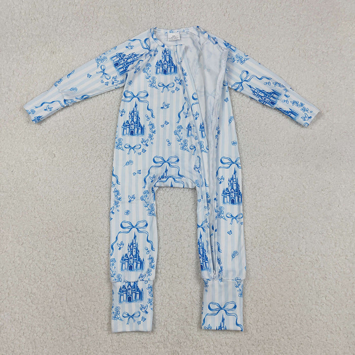 LR2661 Castle Bows Stripes Print Baby Girls Long Sleeve Zipper Sleeper Summer