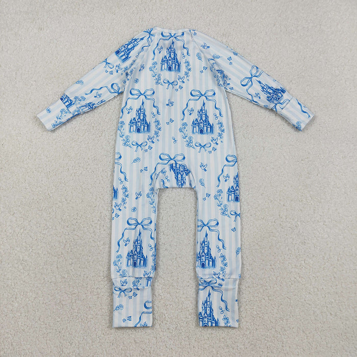 LR2661 Castle Bows Stripes Print Baby Girls Long Sleeve Zipper Sleeper Summer
