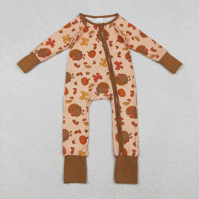 LR2689 Turkey Pumpkin Bows Print Baby Girls Thanksgiving Zipper Sleeper Romper