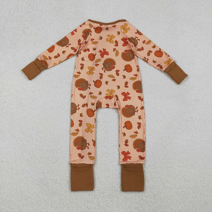 LR2689 Turkey Pumpkin Bows Print Baby Girls Thanksgiving Zipper Sleeper Romper