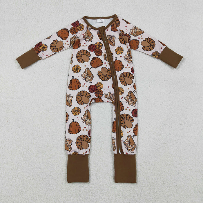 LR2690 Turkey Pumpkin Pie Print Baby Girls Thanksgiving Zipper Sleeper Romper