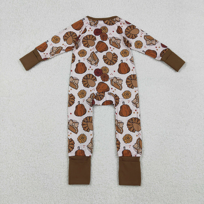LR2690 Turkey Pumpkin Pie Print Baby Girls Thanksgiving Zipper Sleeper Romper