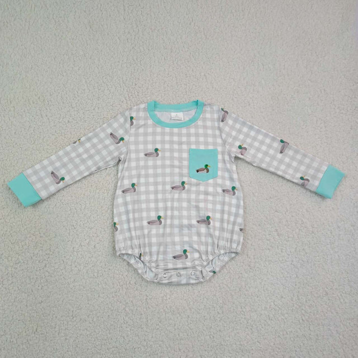 LR3000 Duck Embroidery Pocket Checkered Print Baby Boys Long Sleeve Romper