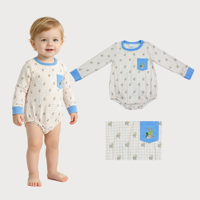 LR3002 Duck Cattail Embroidery Pocket Checkered Print Baby Boys Long Sleeve Romper