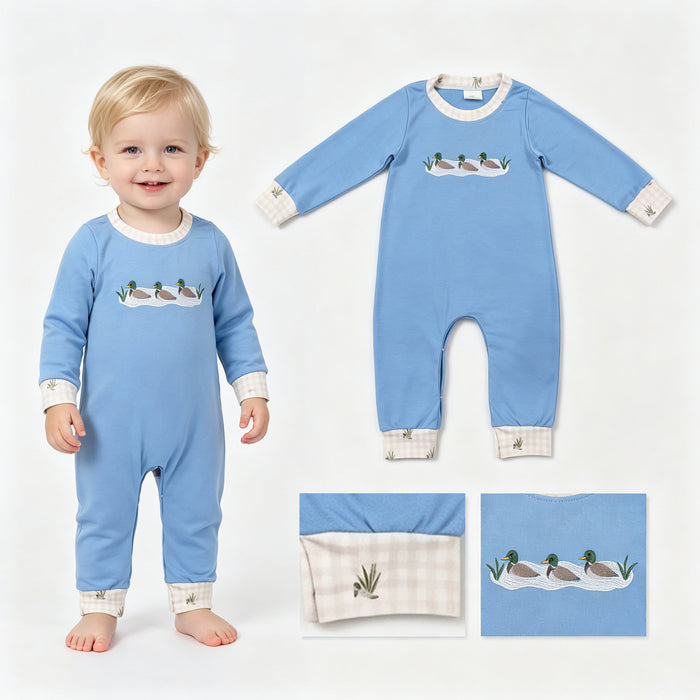 LR3007 Duck Embroidery Blue Baby Boys Fall Romper